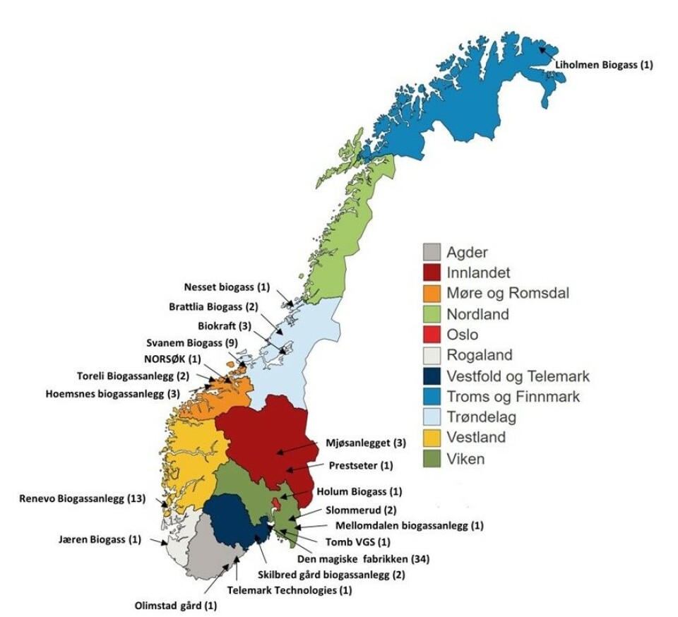 Kartet viser hvor det er etablert biogassanlegg i Norge. Tall i parentes er antall foretak som leverte husdyrgjødsel til anlegget i 2023.