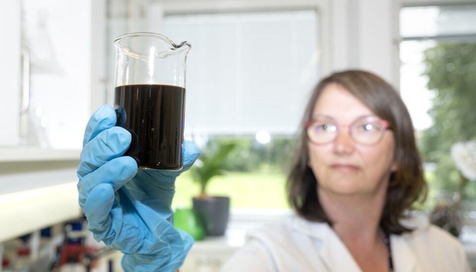 Forsker Marit Almvik med et begerglass med flytende organisk gjødsel.