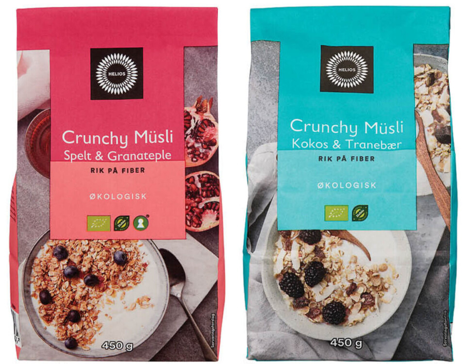 Helios Crunchy Müsli med kokos, tranebær, puffet ris og bringebær og Helios Crunchy Müsli med granateple, kokosnøtt og spelt har vært tilgjengelige i Meny siden i mars.