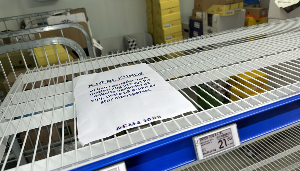 Dette synet møtte mange kunder på vårparten i år. Flere butikker var tomme for egg. Nå vil dagligvarekjedene importere egg fra Danmark for å sikre sine kunder nok egg til julebaksten. Tidligere i år var det tomt for egg i mange butikker.