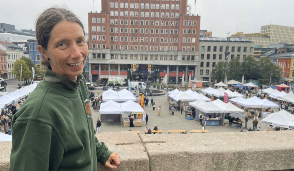 Randi Ledaal Gjertsen er daglig leder i Bondens marked Norge og sitter i styringsgruppen for Matstreif. Hun forteller om god stemning og godt oppmøte under Matstreif. Her står hun foran torgbodene på Youngstorget før det braket løs.