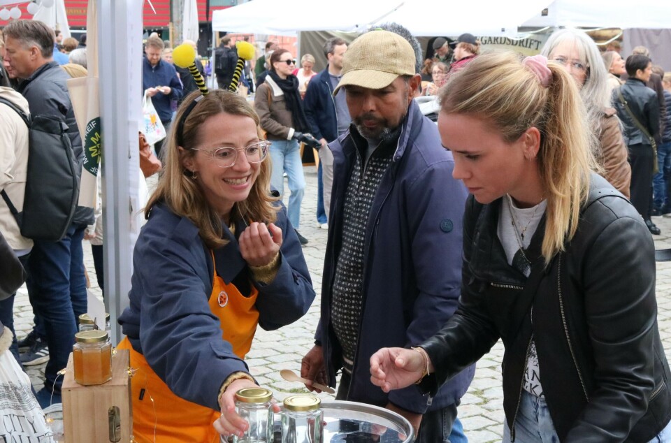 Solveig Lund Wøien fra Asker Birøkterlag både solgte egenprodusert honning, reklamerte for birøkt og lot besøkende tappe honning selv.