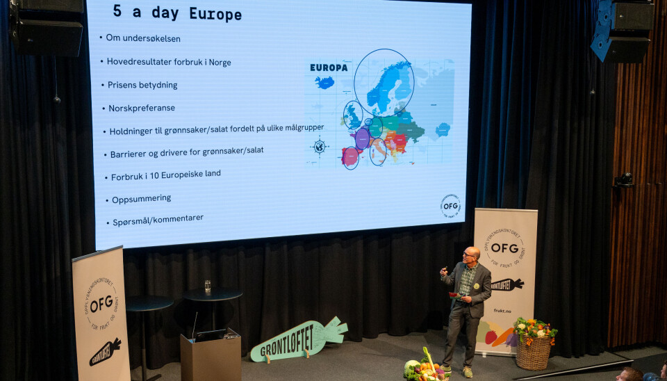 Analysesjef Tore Angelsen i Opplysningskontoret for frukt og grønt (OFG) la frem gode nyheter. Nordmenn har begynt å spise mer frukt og grønt. Analysesjef Tore Angelsen i Opplysningskontoret for frukt og grønt (OFG) la frem gode nyheter i dag.