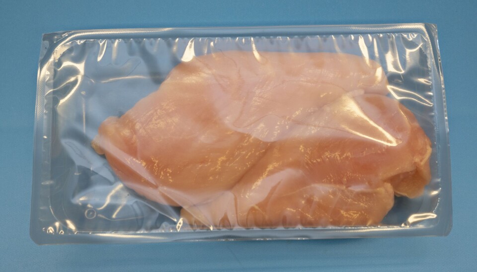 Kylling innpakket i tynnere plast enn i dag, og uten farger.