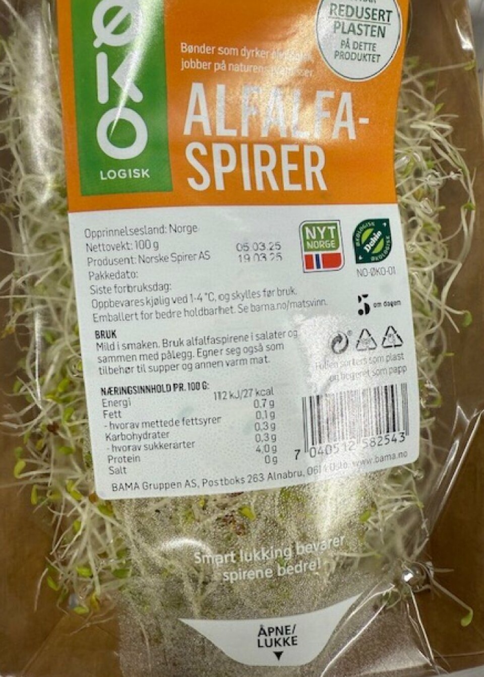 Økologiske alfalfaspirer, produsert i Norge av italienske frø og merket med både Debio og Nyt Norge, er blitt trukket tilbake fra butikkene.