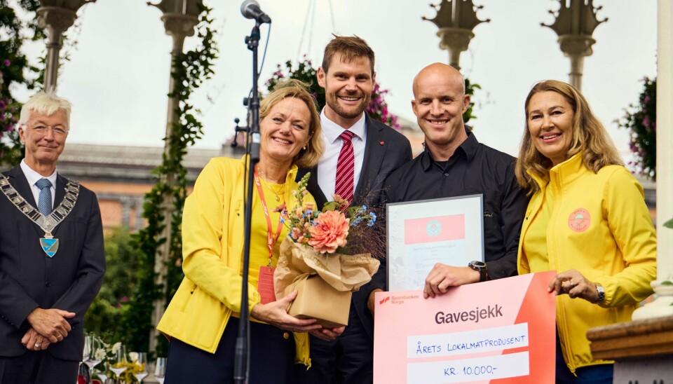 Minnet fra prisutdelingen på Bergen Matfestival. Fra venstre Jon Askeland, fylkesordfører i Vestland, Ingerid Wembstad, prosjektleder i Matarena, landbruks- og matminister Nils Kristen Sandtrøen (Ap), Brynjolf Sæhle Pedersen, daglig leder i Homlagarden og Alexandra Krage Angell, daglig leder i Matarena. Minnet fra prisutdelingen på Bergen Matfestival. Fra venstre Jon Askeland, fylkesordfører i Vestland, Ingerid Wembstad, prosjektleder i Matarena, landbruks- og matminister Nils Kristen Sandtrøen (Ap), Brynjolf Sæhle Pedersen, daglig leder i Homlagarden og Alexandra Krage Angell, daglig leder i Matarena.